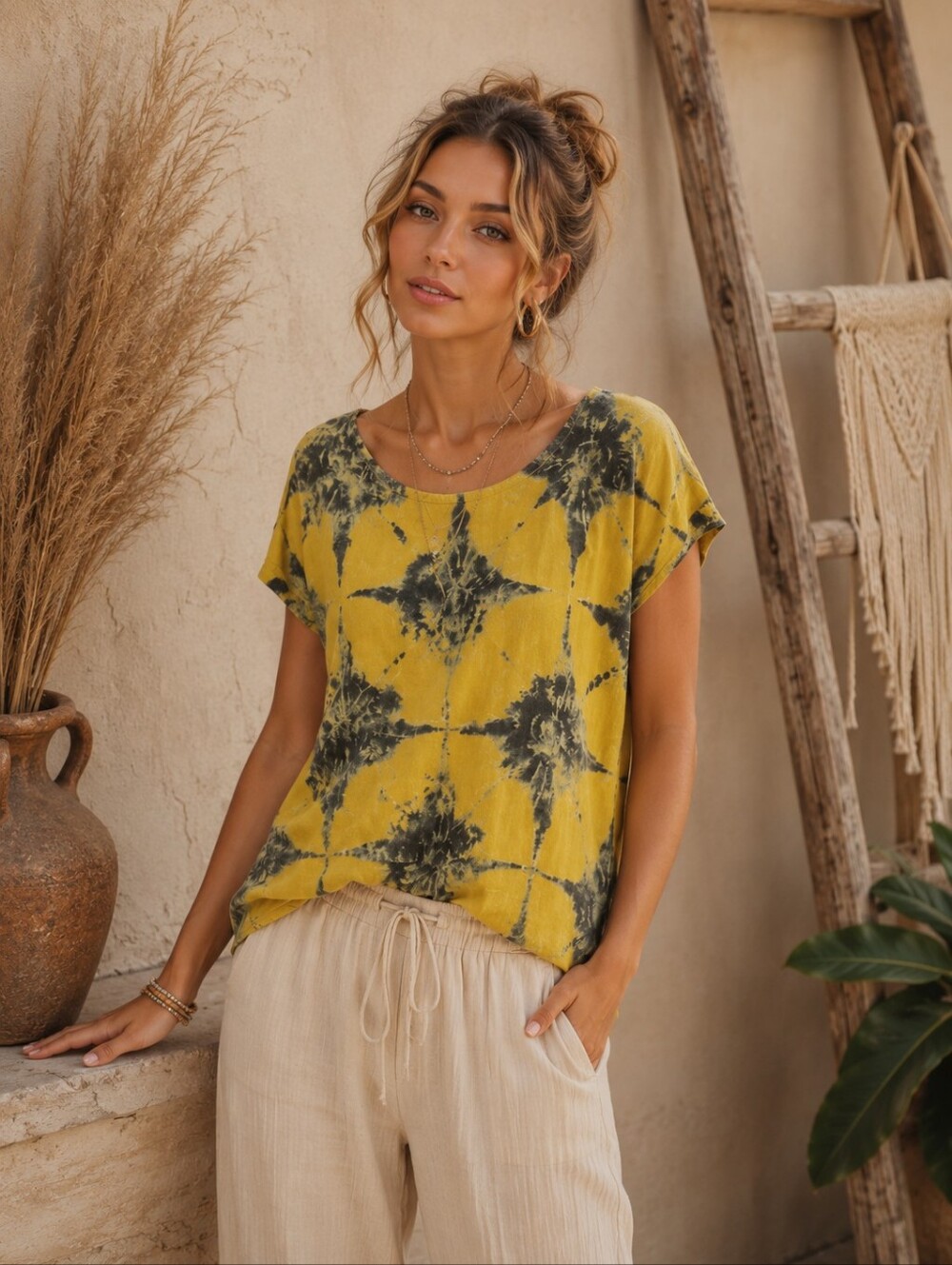 🌻361.Bellambra Made In Italy Linen Tie-Dye Short Sleeve Top